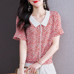 很仙夏季短袖雪纺衫女印花喇叭袖气质小衫娃娃领时尚洋气碎花上衣