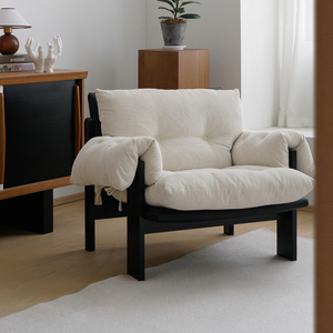 客厅奶油风实木沙发椅中古北欧法式单人休闲椅简约复古布艺软坐垫