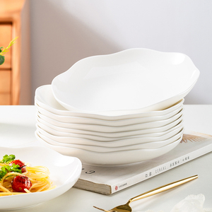 景德镇纯白骨瓷盘子中式家用深盘汤盘创意高档花边盘釉下彩陶瓷盘