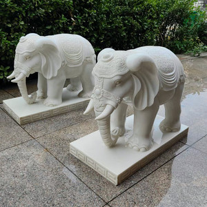 石雕大象一对汉白玉招财纳福别墅酒店家用晚霞红石象一对门口摆件