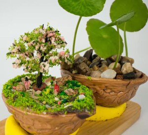 新品diy小屋核桃壳盆栽绿植手工制作迷你植物玩具樱花树桌面装饰