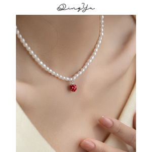 3mm小草莓天然淡水珍珠项链女小众设计百搭锁骨链简约气质颈链夏
