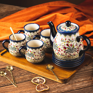陶瓷冷水凉水壶家用波兰家庭客复古午茶具喝水咖啡杯碟套装带托盘