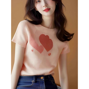 韩系圆领套头爱心图案时尚减龄短袖小众气质上衣夏季新款显瘦t恤
