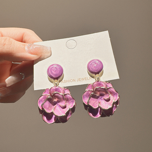 迷雾玫瑰精致法式复古滴釉紫色花朵耳环夸张小众气质耳饰