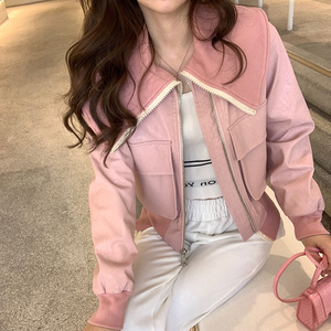 粉色皮衣外套女2021年新款女春秋百搭宽松休闲ins潮短款夹克上衣