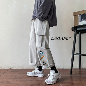 卡通直筒工装裤男港风潮流宽松九分休闲裤子百搭嘻哈刺绣阔腿长裤