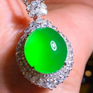 缅甸翡翠吊坠冰种阳绿帝王绿男女款蛋面18k金镶嵌玉坠挂件带证书