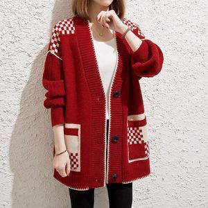 百搭新款大码女装韩版减龄红色针织开衫温柔风毛衣气质中长款外套