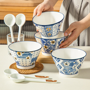 四季蓝花家用陶瓷碗釉下彩餐具高颜值斗笠碗创意吃饭米饭碗沙拉碗