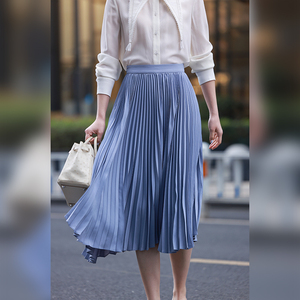 winnietang |漫步海边不规则雾霾蓝百褶裙 立体褶高腰显瘦半身裙