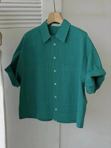 复古孔雀绿衬衫短袖巨显白慵懒风小个子宽松休闲衬衣上衣女夏季