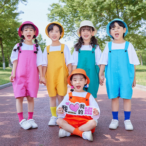 六一儿童啦啦队演出服装幼儿园毕业拍照糖果色背带裤表演服啦啦操