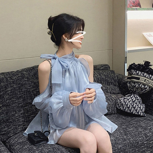 韩系chic别致高级感锁骨上衣显瘦甜美t恤女法式雪纺小衫衣服夏季