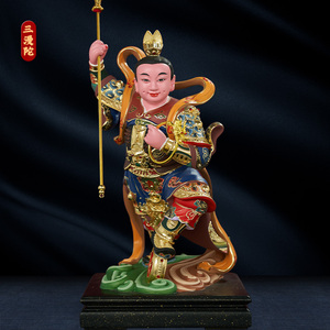 哪吒站单轮太子爷樟木雕中坛元帅三太子神像家居客厅供奉摆件佛像