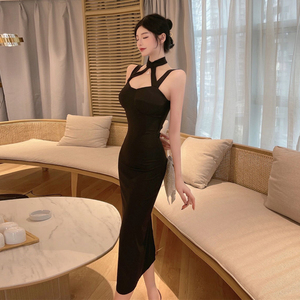 挂脖吊带黑色礼服长裙夏季辣妹装女主播暴露镂空性感夜总店连衣裙