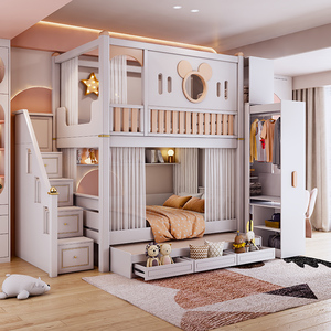 米奇高护栏上下床双层床同宽子母床1.5m多功能高低床上下铺带衣柜