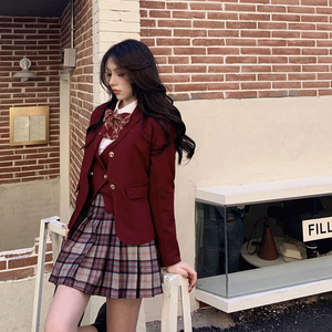 学院风红色圣诞套装冬季女装2021年新款女jk制服西装百褶裙两件套