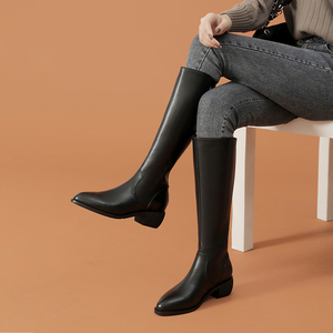 真皮尖头高筒靴女冬2021年新款中跟冬季加绒骑士靴不过膝长筒靴子