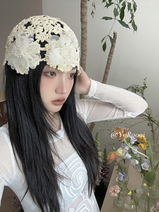YoRoooi 自制韩系夏季花朵套头帽手工钩织镂空包头帽个性百搭帽子
