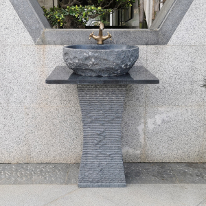 户外石头洗手盆中式庭院一体立柱盆石材落地洗脸台盆别墅室外水池