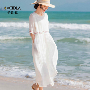 夏季新款亚麻白色连衣裙女高端品牌名嫒气质沙滩渡假剌绣棉麻长裙