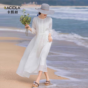 苎麻白色连衣裙女夏季2024新款高级感法式气质海边度假沙滩长裙子