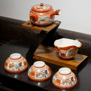 明治时期九谷烧赤绘人物茶具组 老九谷茶具套装茶壶急须茶杯