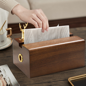 新中式实木纸巾盒创意餐巾纸盒轻奢黄铜鹿桌面装饰卫生抽纸收纳盒