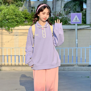 宽松bf慵懒风学生卫衣女初秋穿搭开学季甜美温柔polo领百搭上衣潮