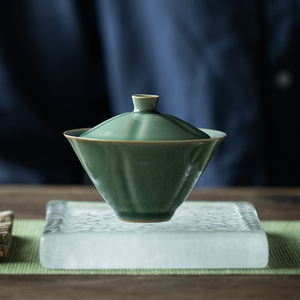 越窑青瓷盖碗茶杯家用斗笠盖碗单个茶碗带盖子不烫手陶瓷功夫茶具