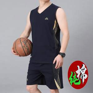 纯棉运动套装男夏季篮球服男无袖背心跑步短裤晨跑比赛球衣足球服