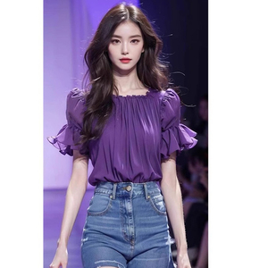 紫色雪纺短袖衬衫女2024年夏季新款爆款方领衬衣时尚独特别致上衣