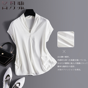 2022新款韩版法式时尚洋气v领打底上衣雪纺复古白色显瘦短袖衬衫