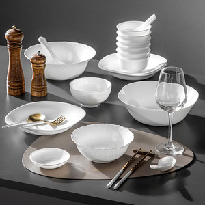 白玉玻璃盘子碗碟家用高档纯白色玻璃餐具瓷碗耐用可微波汤面碗