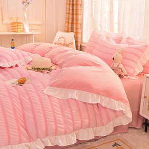 泡泡纱四件套单面绒珊瑚绒女生公主风冬季床单被套ins粉色女孩床