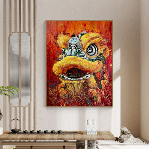 波洛克抽象泼墨醒狮手绘油画玄关装饰画国潮新中式客厅舞狮挂壁画