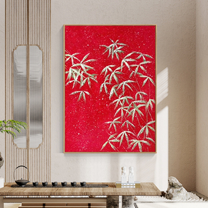 中国风大红色白雪竹子手绘油画玄关装饰画新中式红红火火客厅挂画