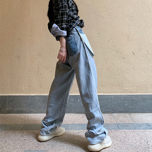 外翻口袋牛仔裤女2021早春国潮高腰显腿长时尚嘻哈个性牛仔裤宽松