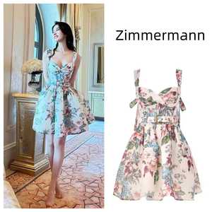 澳洲Zimmermann  刘亦菲同款亚麻浪漫花卉腰带修身吊带短款连衣裙