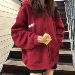2020年新款宽松开衫外套中学生加厚加绒连帽带帽红色卫衣女潮ins