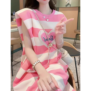欧洲站大码连衣裙夏季新款粉色条纹减龄宽松爱心设计T恤裙女装ins