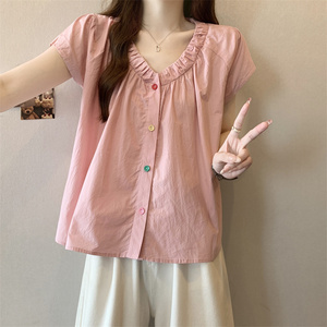 大码女夏季高级感v领粉色短袖衬衫胖mm洋气减龄遮肚显瘦棉麻上衣