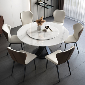 岩板餐桌现代简约轻奢圆形餐桌家用小户型圆餐桌椅组合带转盘饭桌