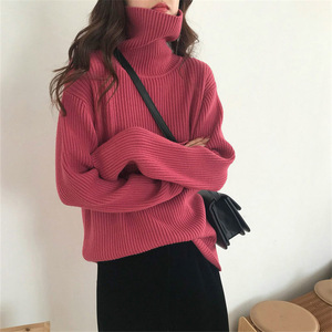 韩国高领羊绒针织上衣女2023年秋冬新款宽松玫红色套头羊毛打底衫