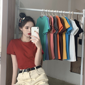 原宿港风ins短袖t恤女装夏季洋气修身chic百搭短款高腰紧身上衣潮