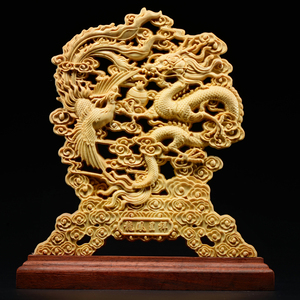 桧木木雕刻龙凤呈祥家居摆件饰品红木双面镂空实木质工艺礼品