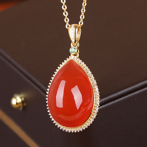 森宝莱天然保山南红冰红水滴项链女 18k黄金镶嵌高档红色宝石吊坠