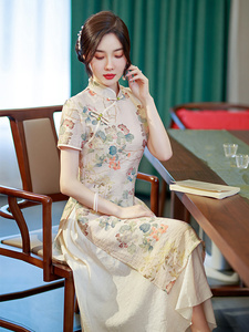 越南奥黛长款旗袍中国风夏季复古苎麻妈妈装宽松改良显瘦连衣裙女