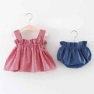 婴儿夏季裙子套装3女宝宝含棉衣服6-9个月婴幼童格子吊带裙两件套